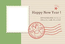 イラスト素材: 午年のスタンプ風フォトフレーム年賀状（添え書きあり）